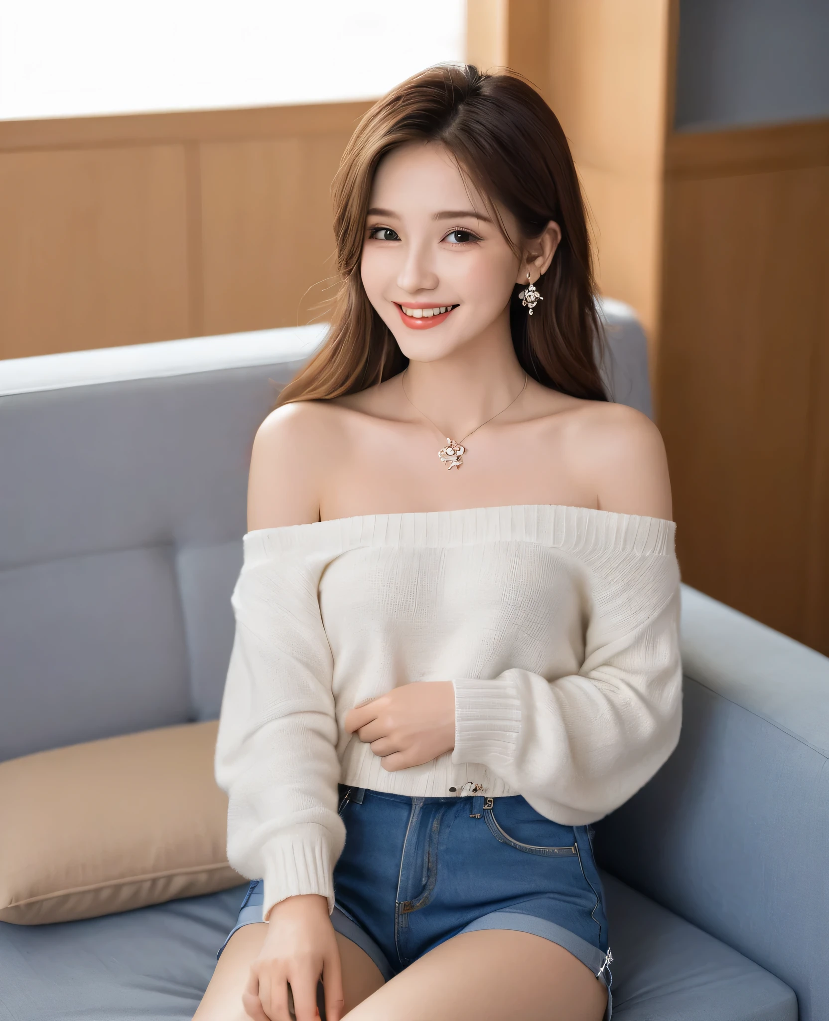 A girl,alone,Looking at the audience,With a smile。She has brown hair,Wearing jewelry in hair,Bare shoulders。She sits,Showing off her collarbone,Wearing shorts and a strapless sweater。Her lips,Pillow,The denim and sofa add some comfort and warmth to the picture.,Smile