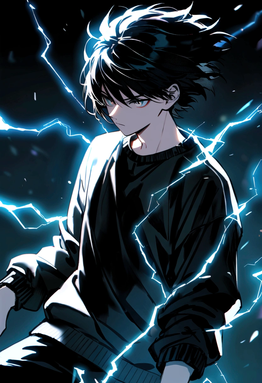 Man 17 years old Long black hair black and white sweatshirt with electricity on his body