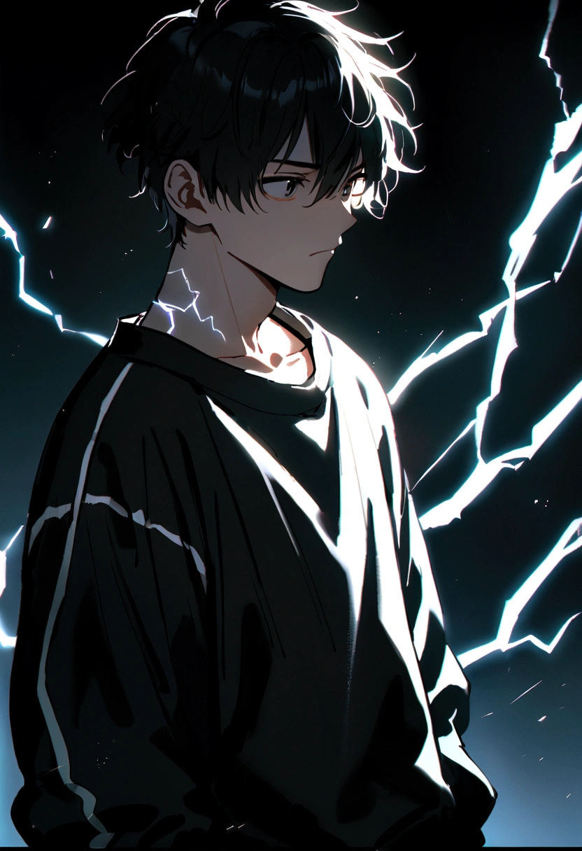 Man 17 years old Long black hair black and white sweatshirt with electricity on his body