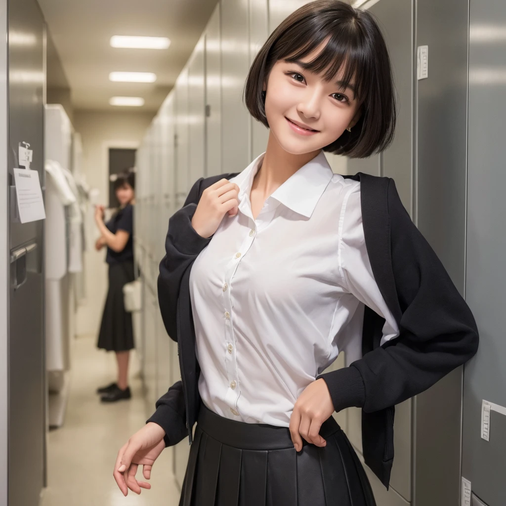 (Highest quality:1.5), (High resolution:1.5), (Real:1.5), One girl, (16 years old), Black Hair, bangs, (Small breasts), School locker room, (blouse), (skirt), Changing clothes, Are standing, Conversation with a smile