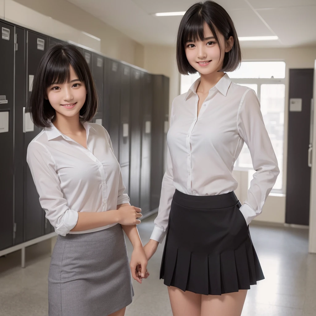 (Highest quality:1.5), (High resolution:1.5), (Real:1.5), One girl, (16 years old), Black Hair, bangs, (Small breasts), School locker room, (blouse), (skirt), Changing clothes, Are standing, Conversation with a smile