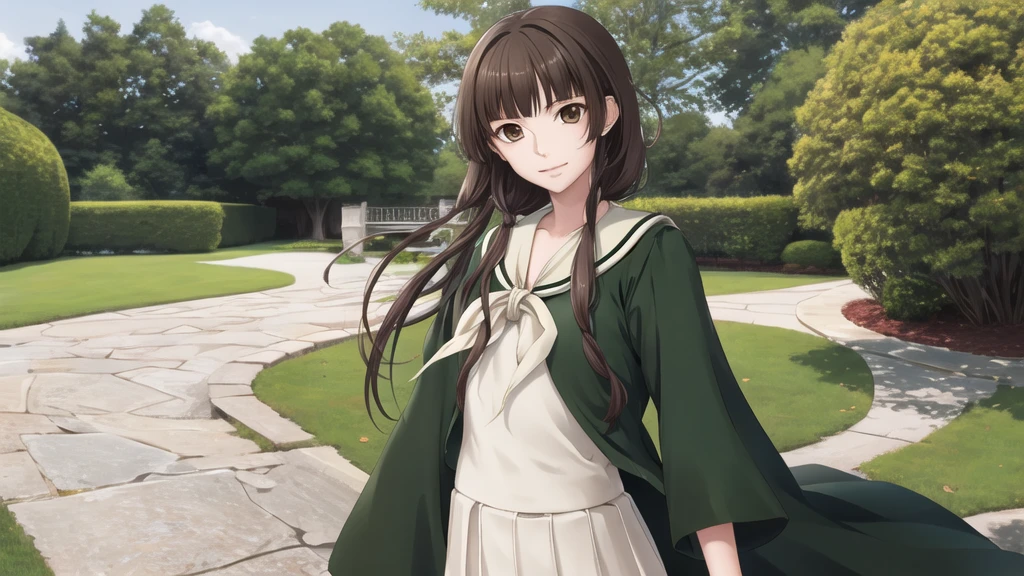 16 years old, masterpiece, Highest quality, High resolution, aayoshino, Slender figure, Sickly, White Rose, Long Hair, Twin Blade, Brown eyes, Hair that falls over the shoulders, , Sailor collar, neckerchief, Green Shirt, One piece sailor shirt, Long sleeve, Green Skirt, Long skirt, Are standing, Cowboy Shot, Outdoor, White Rose庭園, Person on the right, Shining Face