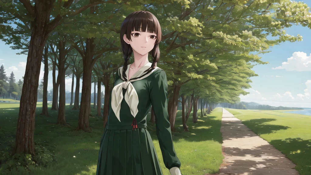 , masterpiece, Highest quality, High resolution, aayoshino, Slender figure, Sickly, White Rose, Long Hair, Twin Blade, Brown eyes, Hair that falls over the shoulders, , Sailor collar, neckerchief, Green Shirt, One piece sailor shirt, Long sleeve, Green Skirt, Long skirt, Are standing, Cowboy Shot, Outdoor, White Rose庭園, Person on the right, Shining Face