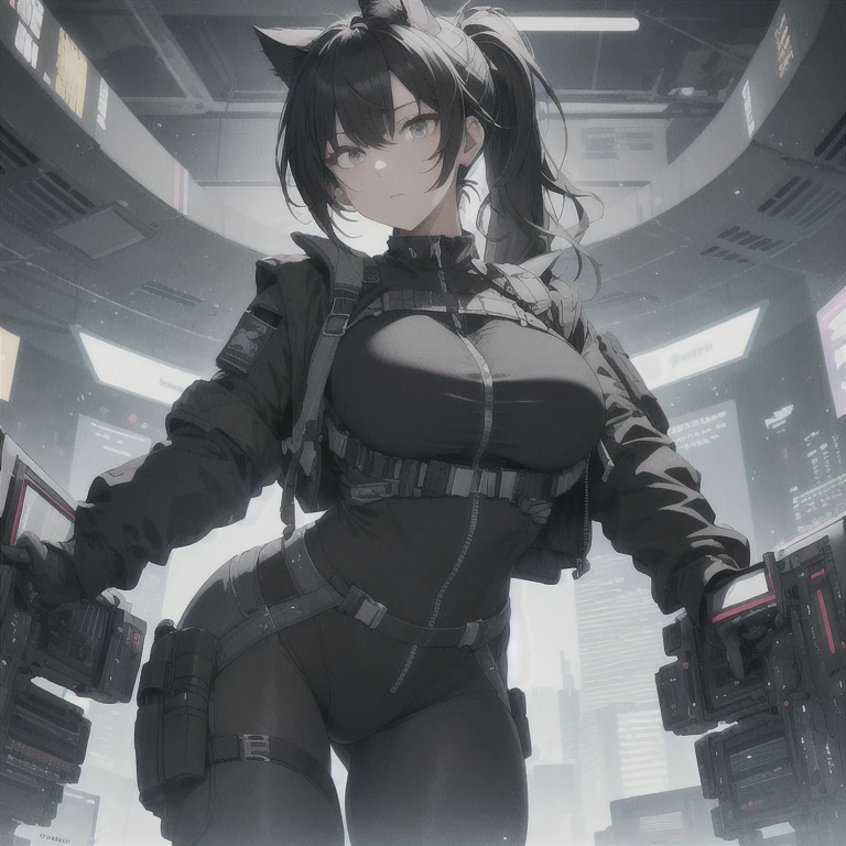 Absurd resolution, high resolution, (masterpiece: 1.4), hyper-detail, full body shot, solo, 1 kemono feline cat woman, humanoid, no skin other than neck and head shown, black hair, messy ponytail, cute face, detailed soft grey eyes, huge massive hyper super swollen heavy breasts, breasts so big that cover her whole torso and are bigger than her head while being so big they reach her belly button, extremely super large swollen perky heavy bust, wide full hips, narrower torso and shoulders, smaller torso, full thicc big soft thighs, big rounded full soft butt, ruggedized utility styled outfit, fully insulated suit, full body outfit coverage with no skin showing or revealed, scifi monochrome black and grey fullbody covering protective padding rugged loose-fitted pilot utility suit with white zipped utility top for breasts support with a black strap horizontal over cleavage, tactical strategic protective padding on hips and thighs and abdomen, practical/functional clothing, weather-proof durable clothing material, nylon clothing material, custom made clothing to fit and support large breasts, scifi padded rugged rigid high collar techwear jacket, armored high collar, white and black triangular decals and techwear iconography on apparel and clothing, techwear gloves, arm mounted strapped display scifi tablet/communication device/computer, rugged tablet display mounted on MOLLE strap on top of her bust, ruggedized computer tablet mounted above her breasts, screen display mounted on top of her chest, ruggedized tech, ruggedized tech aesthetic, fitted utility pants, utility chaps, near future scifi, cyberpunk aesthetic, anime aesthetic
