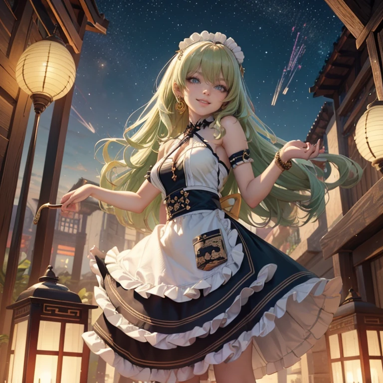 Mobius_(honkai impact 3d), ornament hair, perfectly body, perfectly hands, wave hair, light green hair, long hair, maid, maid dress, maid headdress, maid apron, garden, temple, shrine, outside, Chinese festival scenery, gold lantern, Chinese lantern, fireworks, black dress, more details on her clothes, black dress, golden details, night, smiling, ((4k, masterpiece, top-quality)),8k, best quality, high resolution, HD, (illustration:0.8), super cute girl, delicate and beautiful face, 1girl, solo, mature girl, super cute hairstyle, (beautiful detailed eyes:1.6), extremely detailed face, perfect lighting, extremely detailed CG, (perfect hands, perfect anatomy), Best quality, cleavage, skirt, full Body,