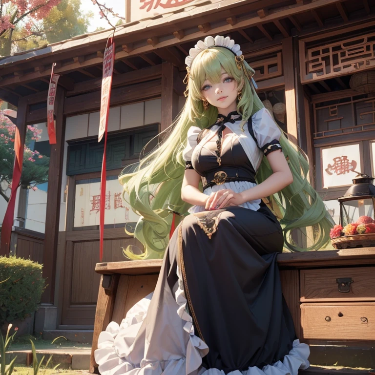 Mobius_(honkai impact 3d), ornament hair, perfectly body, perfectly hands, wave hair, light green hair, long hair, maid, maid dress, maid headdress, maid apron, garden, temple, shrine, outside, Chinese festival scenery, gold lantern, Chinese lantern, fireworks, black dress, more details on her clothes, black dress, golden details, night, smiling, ((4k, masterpiece, top-quality)),8k, best quality, high resolution, HD, (illustration:0.8), super cute girl, delicate and beautiful face, 1girl, solo, mature girl, super cute hairstyle, (beautiful detailed eyes:1.6), extremely detailed face, perfect lighting, extremely detailed CG, (perfect hands, perfect anatomy), Best quality, cleavage, skirt, full Body,