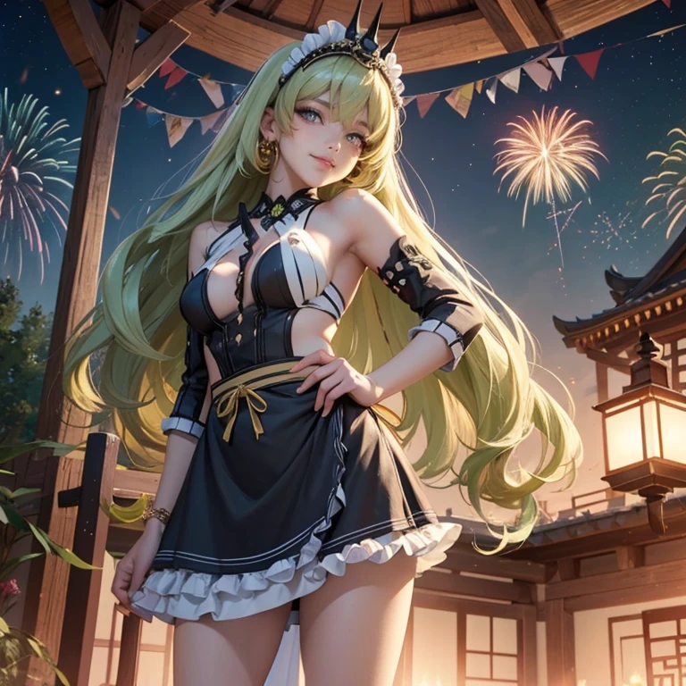 Mobius_(honkai impact 3d), ornament hair, perfectly body, perfectly hands, wave hair, light green hair, long hair, maid, maid dress, maid headdress, maid apron, garden, temple, shrine, outside, Chinese festival scenery, gold lantern, Chinese lantern, fireworks, black dress, more details on her clothes, black dress, golden details, night, smiling, ((4k, masterpiece, top-quality)),8k, best quality, high resolution, HD, (illustration:0.8), super cute girl, delicate and beautiful face, 1girl, solo, mature girl, super cute hairstyle, (beautiful detailed eyes:1.6), extremely detailed face, perfect lighting, extremely detailed CG, (perfect hands, perfect anatomy), Best quality, cleavage, skirt, full Body,