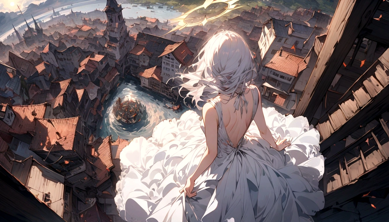 
a (Rear view:1.5) a very beautiful female angel\(platinum long hair, Wide back white dress,Big beautiful white wings seen from behind,Very beautiful shiny halo\), She gently opened her hands，As if seeking salvation, She is above the clouds looking down at the world below, a fierce war\(so much fire of war,fail,arms\(fighter\) Many buildings collapsed, Nature is destroyed, magnificent scenery\) It&#39;s happening under the clouds, rest ,quality\(8K,Extremely detailed CG unit wallpaper, masterpiece,High resolution,top-quality,top-quality real texture skin,Surrealism,提High resolution,original photo,最好的quality,Very detailed,wallpaper,movie lighting,Ray Tracing,golden ratio\),[NSFW],Dynamic angle,[NSFW],from above