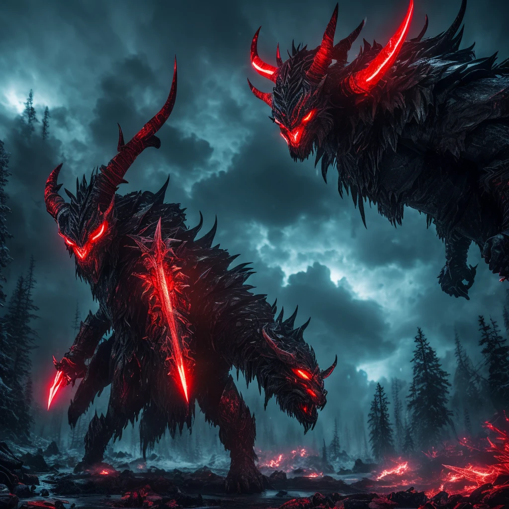 a giant beastly creature, humanoid creature with horns, neon red eyes, icy forest landscape, warrior facing the creature, warrior with a long sword, dark starry sky, (best quality,8k,ultra-detailed,vivid colors,realistic,masterpiece:1.2),dark fantasy,dramatic lighting,cinematic composition,wide angle,wide view,three-headed creature