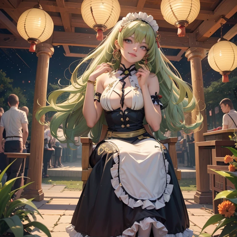 Mobius_(honkai impact 3d), ornament hair, perfectly body, perfectly hands, wave hair, light green hair, long hair, maid, maid dress, maid headdress, maid apron, garden, temple, shrine, outside, Chinese festival scenery, gold lantern, Chinese lantern, fireworks, black dress, more details on her clothes, black dress, golden details, night, smiling, ((4k, masterpiece, top-quality)),8k, best quality, high resolution, HD, (illustration:0.8), super cute girl, delicate and beautiful face, 1girl, solo, girl, super cute hairstyle, (beautiful detailed eyes:1.6), extremely detailed face, perfect lighting, extremely detailed CG, (perfect hands, perfect anatomy), Best quality, cleavat, full Body,