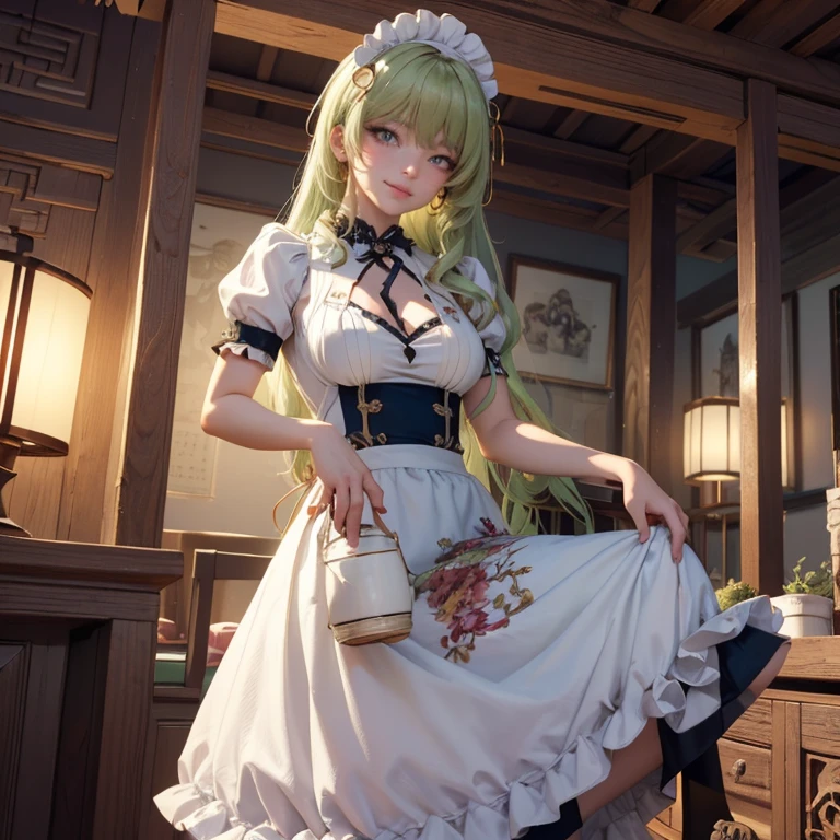 Mobius_(honkai impact 3d), ornament hair, perfectly body, perfectly hands, wave hair, light green hair, long hair, maid, maid dress, maid headdress, maid apron, garden, temple, shrine, outside, Chinese festival scenery, gold lantern, Chinese lantern, fireworks, black dress, more details on her clothes, black dress, golden details, night, smiling, ((4k, masterpiece, top-quality)),8k, best quality, high resolution, HD, (illustration:0.8), super cute girl, delicate and beautiful face, 1girl, solo, mature girl, super cute hairstyle, (beautiful detailed eyes:1.6), extremely detailed face, perfect lighting, extremely detailed CG, (perfect hands, perfect anatomy), Best quality, cleavage, skirt, full Body,