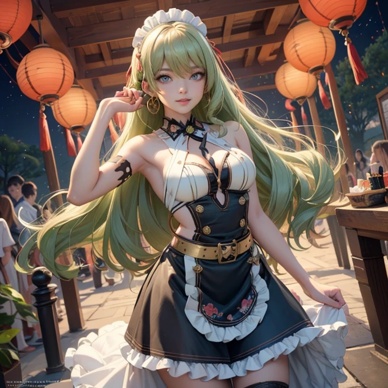 Mobius_(honkai impact 3d), ornament hair, perfectly body, perfectly hands, wave hair, light green hair, long hair, maid, maid dress, maid headdress, maid apron, garden, temple, shrine, outside, Chinese festival scenery, gold lantern, Chinese lantern, fireworks, black dress, more details on her clothes, black dress, golden details, night, smiling, ((4k, masterpiece, top-quality)),8k, best quality, high resolution, HD, (illustration:0.8), super cute girl, delicate and beautiful face, 1girl, solo, mature girl, super cute hairstyle, (beautiful detailed eyes:1.6), extremely detailed face, perfect lighting, extremely detailed CG, (perfect hands, perfect anatomy), Best quality, cleavage, skirt, full Body,