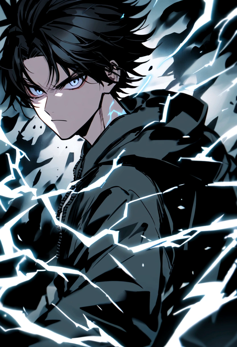 Man 17 years old Long black hair black and white sweatshirt with electricity on his body