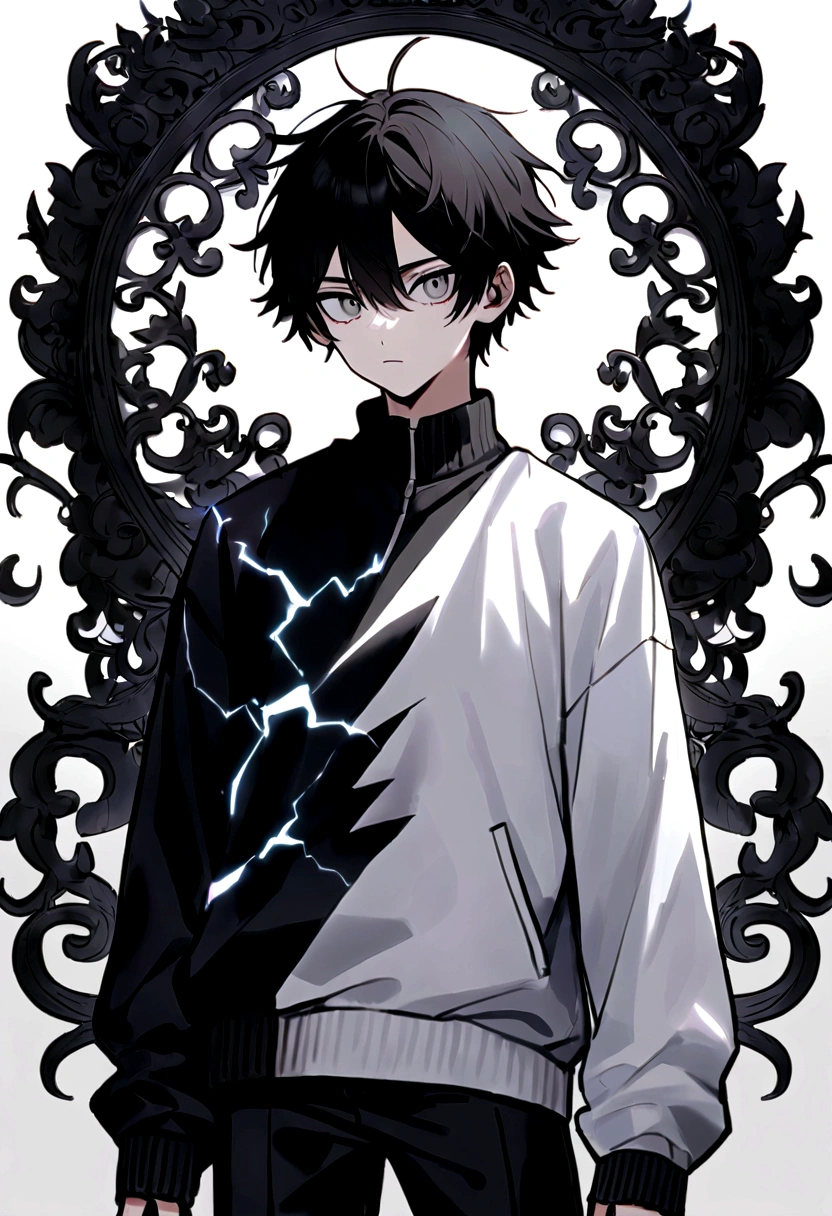 anime boy, black and white hair, surrounded by black meteors, wearing a black vest