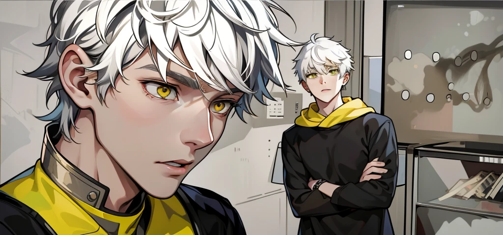 There are two cute young men, 18 years old, white hair and yellow eyes, they are talking, worried, thoughtful.