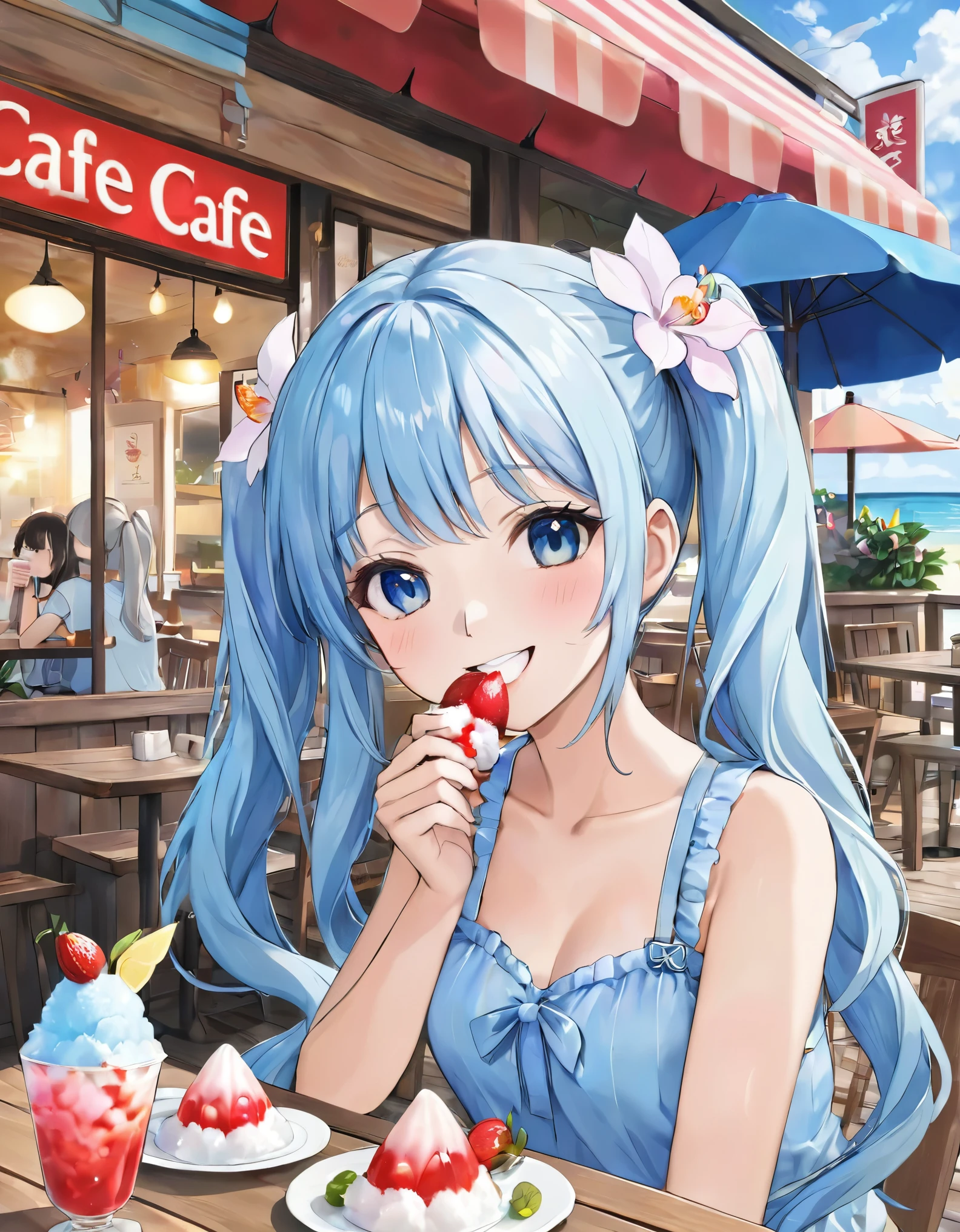 Seaside Cafe、Light blue long hair、Beautiful girl with twin tails、Eating strawberry shaved ice with relish、A cafe decorated with lots of orchid flowers、Beautiful girl with a bright smile