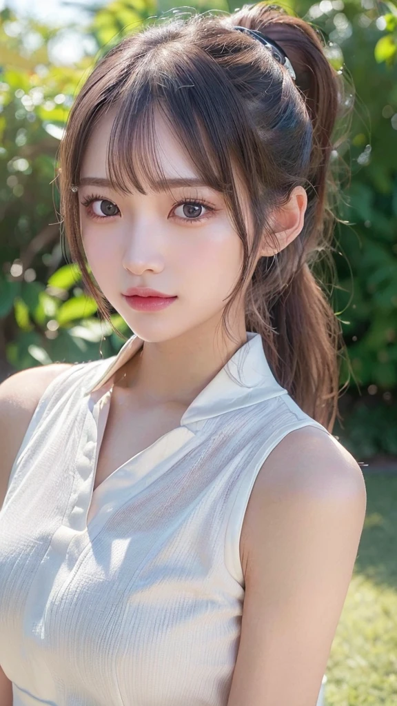 One piece with collar,outdoors,Urban Park,On the lawn,Ultra-detailed, finely detail, hight resolution, 8K Wallpaper, Perfect dynamic composition, Beautiful detailed eyes,Outdoor,Close-up of face,Outdoor,Blushing,Facing forward,,Long hair ponytail,((8k, Raw photo, Best Quality, Mastepiece:1.2), (Realism, Photorealistic:1.4), (Highly detailed 8K wallpapers), Depth of written boundary, Cinematic Lighting, Soft Light, Detailed Beauty Eye,Shiny and smooth light brown ponytail, Asymmetrical bangs, Shiny skin, Ultra-detailed skins ,It is high resolution., High detail, Detailed hairstyle, Detailed facial beauty, Hyper-realistic, Perfect limbs, Perfect Anatomy ,1 Japanese girl,Famous Japanese Idols, Perfect female body,A shy smile,Short eyelashes,Double-edged eyelids,Look straight here,Hair style: ponytail,
