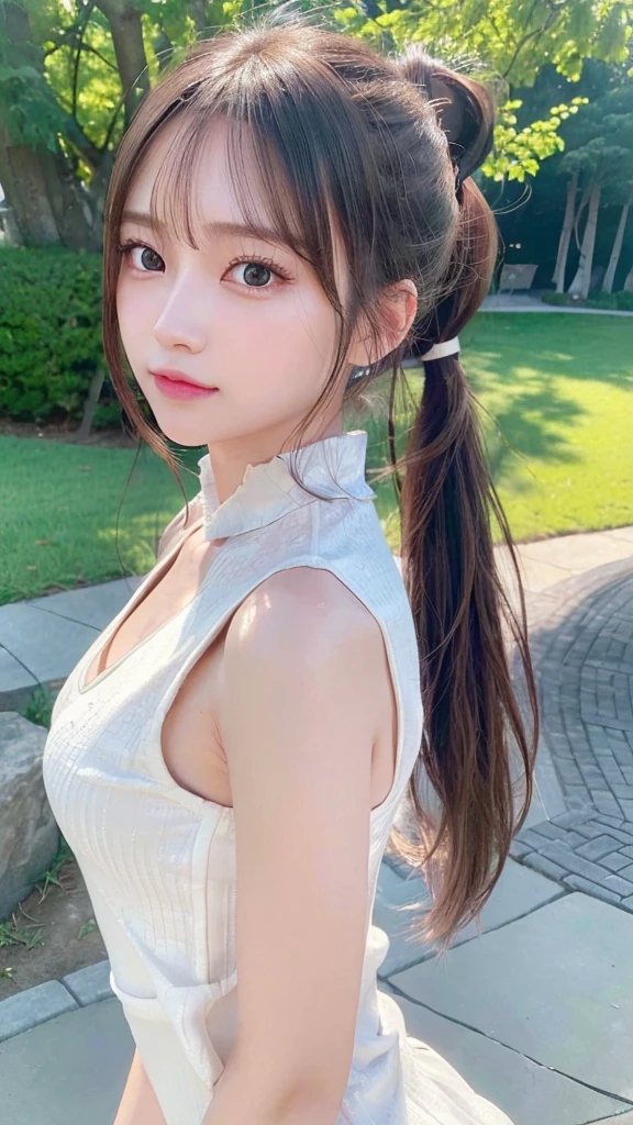 One piece with collar,outdoors,Urban Park,On the lawn,Ultra-detailed, finely detail, hight resolution, 8K Wallpaper, Perfect dynamic composition, Beautiful detailed eyes,Outdoor,Close-up of face,Outdoor,Blushing,Facing forward,,Long hair ponytail,((8k, Raw photo, Best Quality, Mastepiece:1.2), (Realism, Photorealistic:1.4), (Highly detailed 8K wallpapers), Depth of written boundary, Cinematic Lighting, Soft Light, Detailed Beauty Eye,Shiny and smooth light brown ponytail, Asymmetrical bangs, Shiny skin, Ultra-detailed skins ,It is high resolution., High detail, Detailed hairstyle, Detailed facial beauty, Hyper-realistic, Perfect limbs, Perfect Anatomy ,1 Japanese girl,Famous Japanese Idols, Perfect female body,A shy smile,Short eyelashes,Double-edged eyelids,Look straight here,Hair style: ponytail,