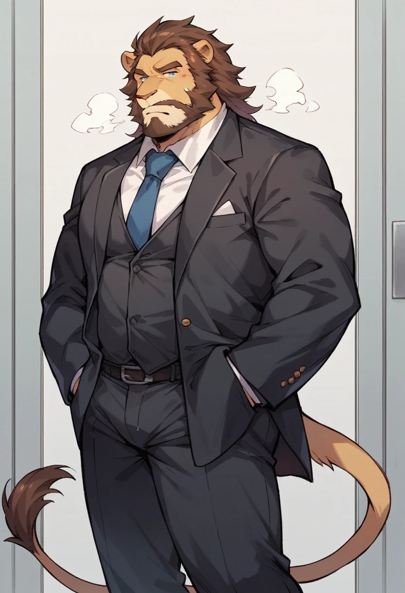 lion，personification，Mature male，Bad Uncle，beard，Cold expression，Blue pupils，Brown eyebrows，Black suit suit，Hands in pockets，The Age of Steam，office。