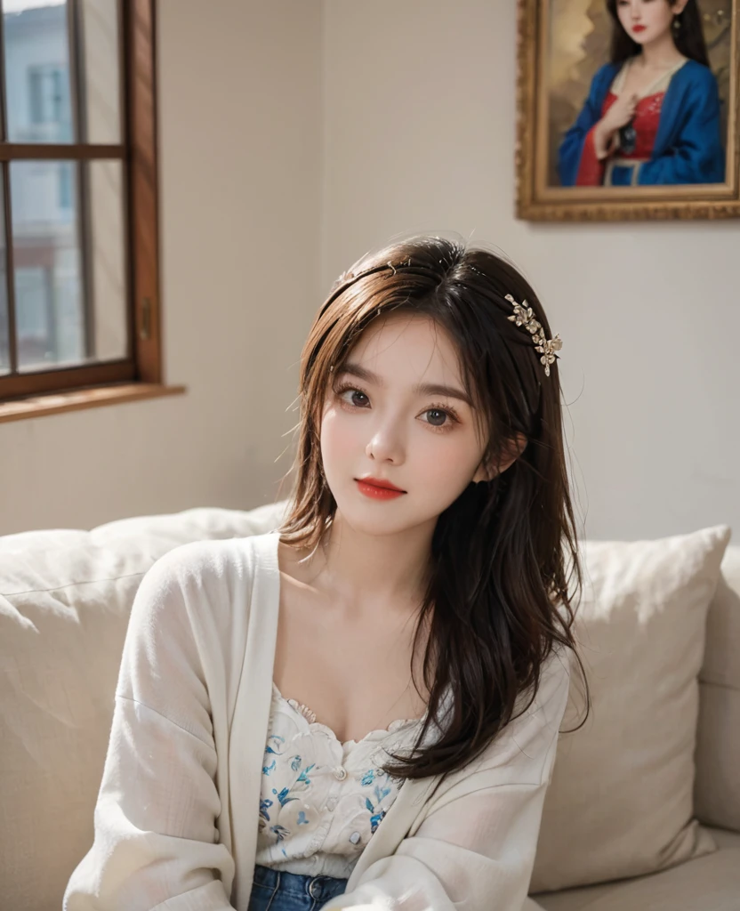 (Canon RF85mm f/1.2,best quality,Reality:1.4,light),A girl,Alone,She has brown hair,Wearing jewelry in hair。She sits indoors,Near the window,Sitting on the sofa,Have red lips。She looks directly at the audience,Looks confident and mysterious。The name of the artist who created this painting is cleverly incorporated into the picture.,Make the painting more personal and unique,Smiling