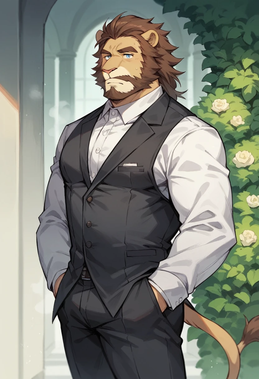 lion,personification,Mature male,Bad Uncle,beard,Cold expression,Blue pupils,Brown eyebrows,Black suit suit,Hands in pockets,The Age of Steam,garden。