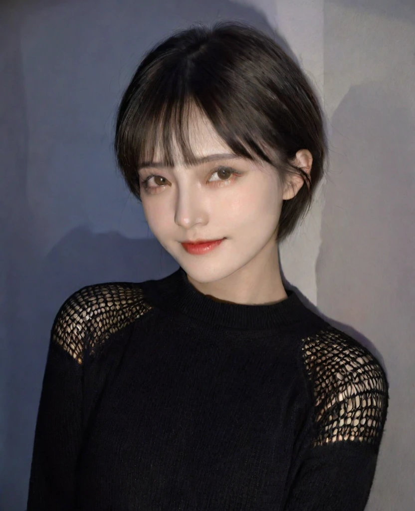 Best quality,masterpiece,Ultra-high resolution,(Realism:1.5),original photo,1 Girl,Lower shoulder,in the darkness,Deep Shadows,Low profile,Openwork sweater,Cold Light,Attractive appearance,short hair,Half-length photo,Smile