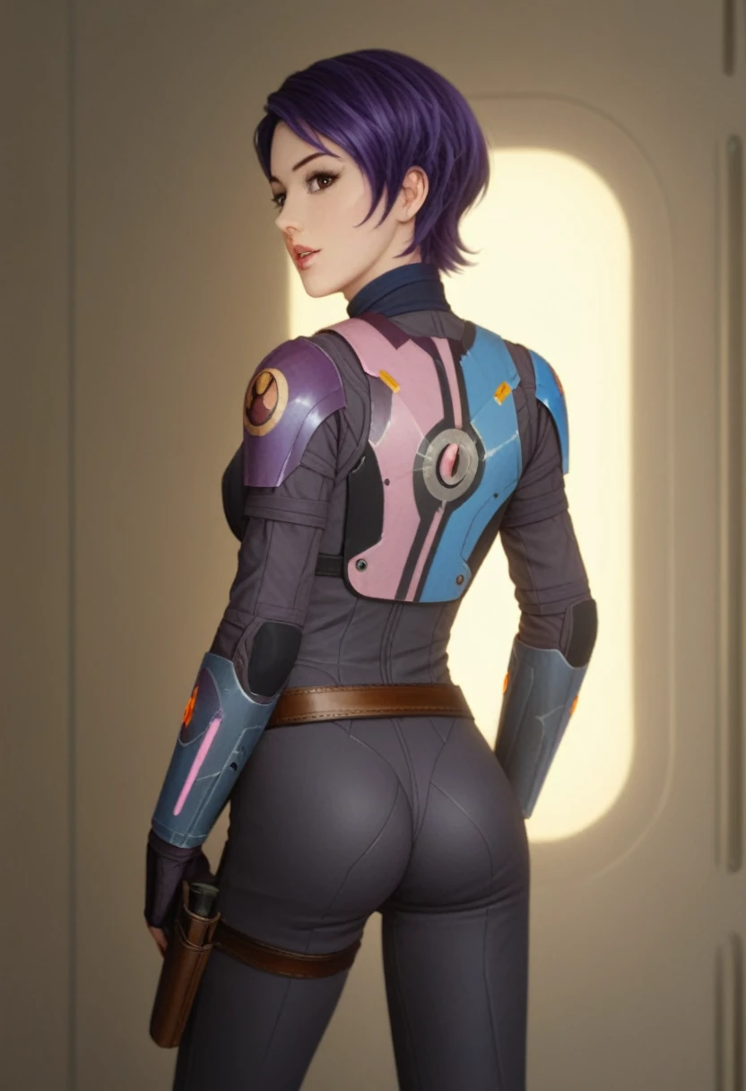 score_9_up, score_8_up, score_7_up, 1girl, solo, mature female, ((Sabin Wren)), purple short  hair, pixie haircut, brown eyes, pink lips, parted lips, fit slim body, (((Sabin’s armored suit, brown belt with holster))), (((dark grey Starship room, space in the porthole, detailed furniture, highly detailed interior, blue led backlight))), perfect model body, seductive pose, bending over showing her ass, from behind, close ass look