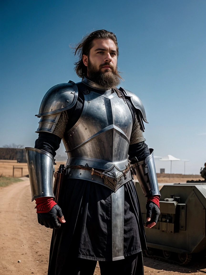 Cinematic powerful general in metal armour, beard and brunette hair, army camp in background