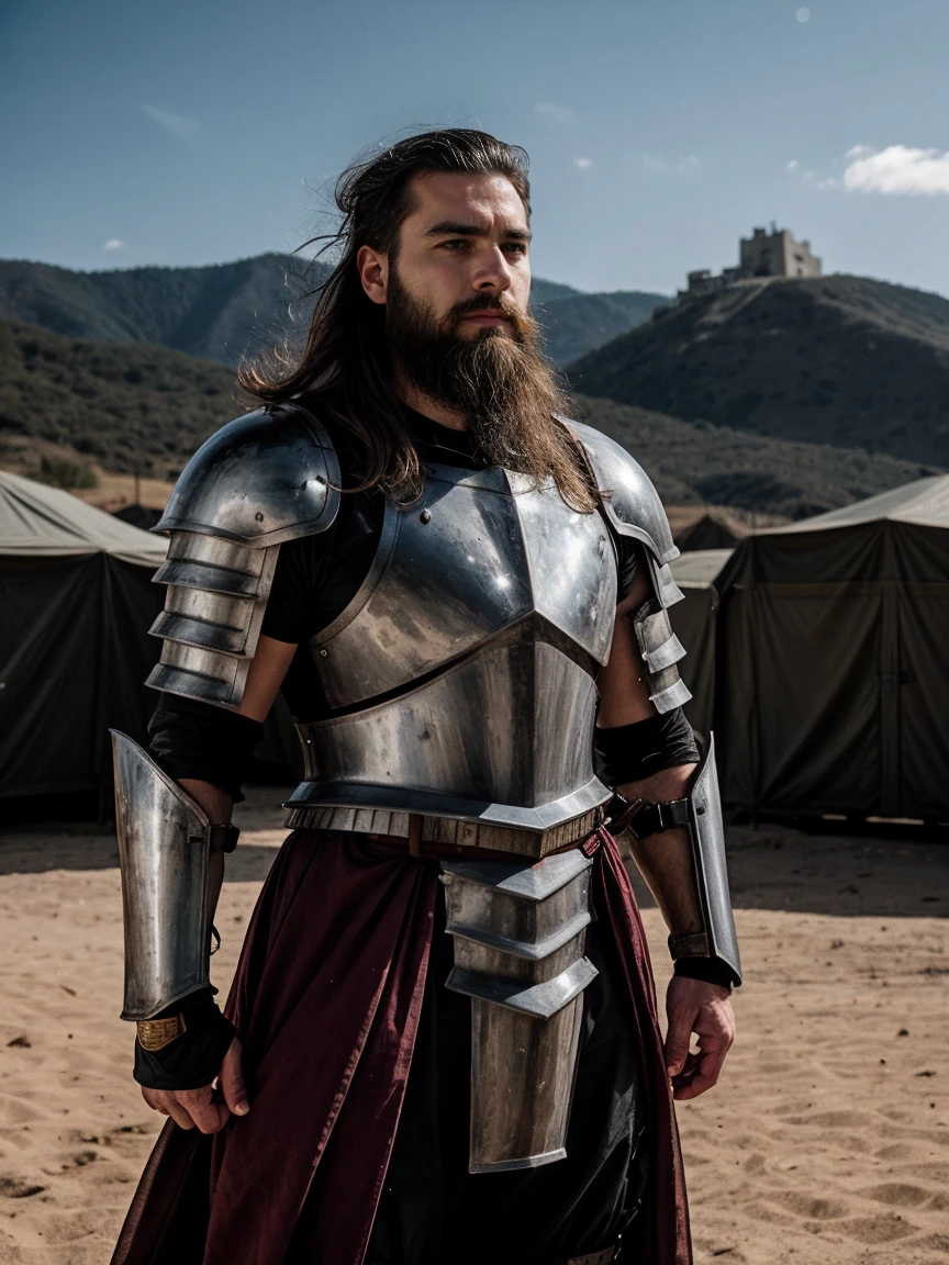 Cinematic powerful general in metal armour, beard and brunette hair, army camp in background
