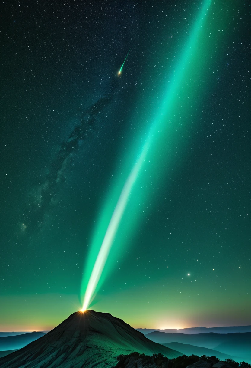 A majestic comet with a long, flowing tail in shades of turquoise and emerald green, streaking across a starry night sky. The comet's nucleus should be bright and glowing, casting a soft light on the surrounding dust and gas. Capture the sense of awe and wonder inspired by this celestial wanderer.