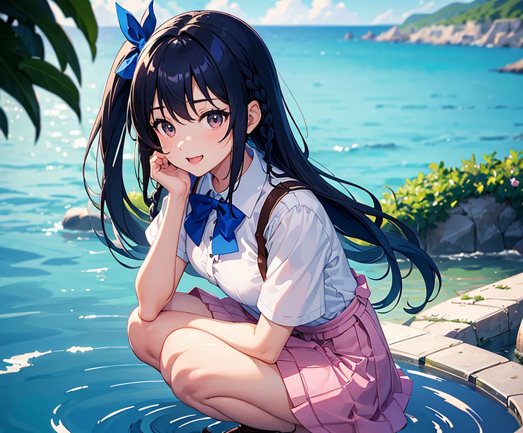 master piece, extremely detailed, high resolution, Makoto Shinkai style, high school girl, short sleeve shirt, blue bow tie, checkered mini skirt, elbows at sides, arms clenched, blue hair, glossy plump lips, pink lips, glossy hair, stone steps in the background of a park with an ocean view, blue summer sky, mouth closed and happy expression, medium long hair, braids, ribbon hair accessory, curious eyes, brown eyes, mid-bust, slim waist, upper body only, girl reflected in puddle, squatting over puddle, fullbody, wearing loafers,