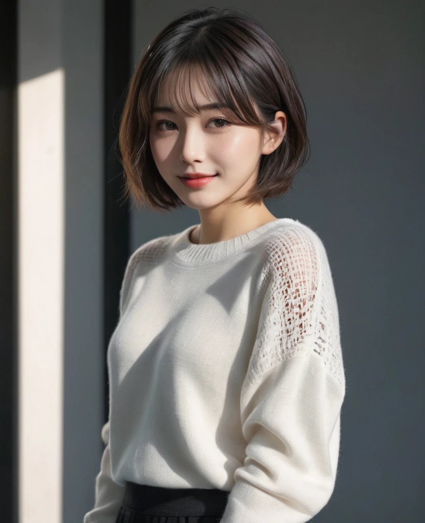 Best quality,masterpiece,Ultra-high resolution,(Realism:1.5),original photo,1 Girl,Lower shoulder,in the darkness,Deep Shadows,Low profile,Openwork sweater,Cold Light,Attractive appearance,short hair,Half-length photo,Smile