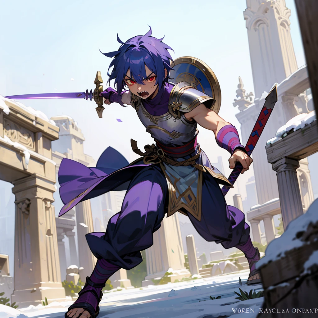 1boys orc, Full body version, red eyes, purple colour skins, angry eyes, cut hair, blue colour hair, angry expression, ancient greek clothing, gladiator sandals, Rapier sword in hand, small shield, silver armor vest, Grassroots background in snow, sunlight, sun, war gesture