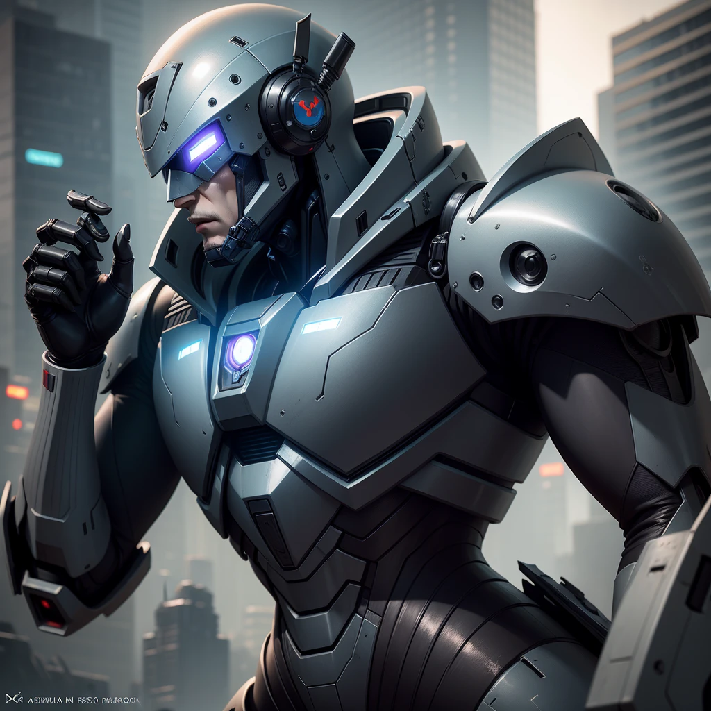 a close up of a robot on a cell phone, inspired by Marek Okon, cgsociety contest winner, energetic varia suit, menacing look, from ncsoft, profile picture 1024px