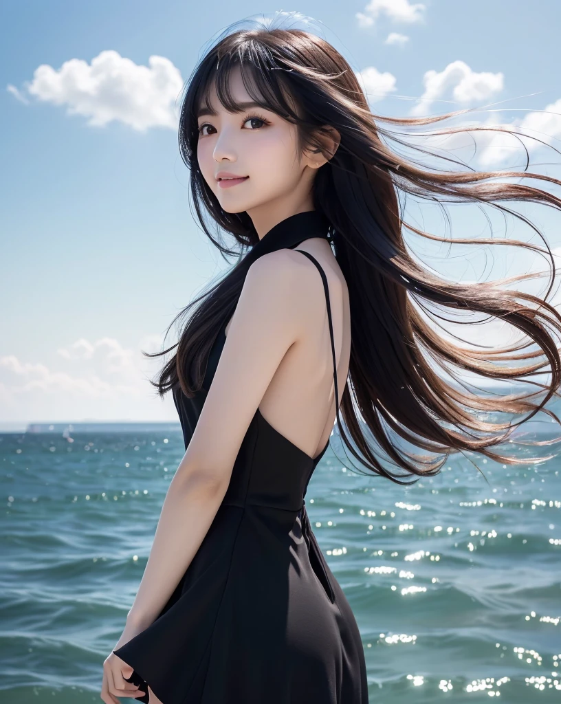 (Highest quality, 32k, High resolution, Masterpiece:1.5, ), marimo_jet, god々A photograph with brilliant brilliance and the power of nature., Expressing emotions, Have a rich imagination, Beautiful Japanese Girls, An exceptionally beautiful face, Small Face Beauty, ((Low-angle full-body shot:1.3)), Perfect Human Anatomy, Magical big eyes, Motherhood and generosity, Deep Love, fleeting smile, Shiny black hair, Beautiful super long hair swaying in the wind, Asymmetrical bangs, Hair between the eyes, Transparent, soft white skin, Sharp eyebrows, Thin lashes, Natural Makeup, Cheek highlighter, Pale pink detailed lips, (High-quality black dress:1.3), ((High resolutionの美しい太もも, Beautiful legs), ((The land stretches to the distant horizon:1.5)), ((Gazing at the horizon from the ledge:1.3)), Beautifully detailed skies, Professional Photographer, Professional Lighting, Professional Model