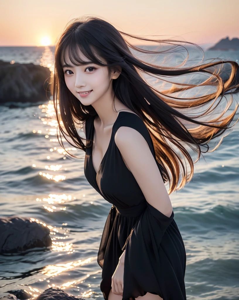 (Highest quality, 32k, High resolution, Masterpiece:1.5, ), marimo_jet, god々A photograph with brilliant brilliance and the power of nature., Expressing emotions, Have a rich imagination, Beautiful Japanese Girls, An exceptionally beautiful face, Small Face Beauty, ((Low-angle full-body shot:1.3)), Perfect Human Anatomy, Magical big eyes, Motherhood and generosity, Deep Love, fleeting smile, Shiny black hair, Beautiful super long hair swaying in the wind, Asymmetrical bangs, Hair between the eyes, Transparent, soft white skin, Sharp eyebrows, Thin lashes, Natural Makeup, Cheek highlighter, Pale pink detailed lips, (High-quality black dress:1.3), ((High resolutionの美しい太もも, Beautiful legs), ((The land stretches to the distant horizon:1.5)), ((Gazing at the horizon from the ledge:1.3)), Beautifully detailed skies, Professional Photographer, Professional Lighting, Professional Model