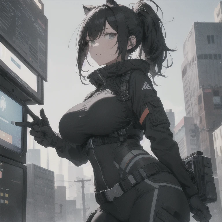 Absurd resolution, high resolution, (masterpiece: 1.4), hyper-detail, full body shot, solo, 1 kemono feline cat woman, humanoid, no skin other than neck and head shown, black hair, messy ponytail, cute face, detailed soft grey eyes, huge massive hyper super swollen heavy breasts, breasts so big that cover her whole torso and are bigger than her head while being so big they reach her belly button, extremely super large swollen perky heavy bust, wide full hips, narrower torso and shoulders, smaller torso, full thicc big soft thighs, big rounded full soft butt, ruggedized utility styled outfit, fully insulated suit, full body outfit coverage with no skin showing or revealed, scifi monochrome black and grey fullbody covering protective padding rugged loose-fitted pilot utility suit, white zipped utility cropped top for breasts support with a black strap horizontal across cleavage worn on top of suit, tactical strategic protective padding on hips and thighs and abdomen, practical/functional clothing, weather-proof durable clothing material, nylon clothing material, custom made clothing to fit and support large breasts, scifi padded rugged rigid high collar techwear jacket, armored high collar, white and black triangular decals and techwear iconography on apparel and clothing, techwear gloves, arm mounted strapped display scifi tablet/communication device/computer, rugged tablet display mounted on MOLLE strap on top of her bust, ruggedized computer tablet mounted above her breasts, screen display mounted on top of her chest, ruggedized tech, ruggedized tech aesthetic, fitted utility pants, utility chaps, near future scifi, cyberpunk aesthetic, anime aesthetic