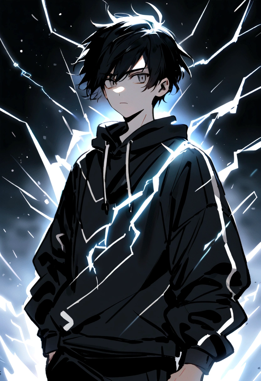 Man Long black hair black and white sweatshirt with electricity on his body