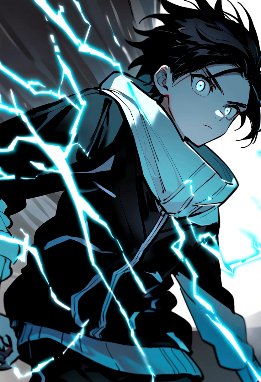 Man 17 years old Long black hair black and white sweatshirt with electricity on his body