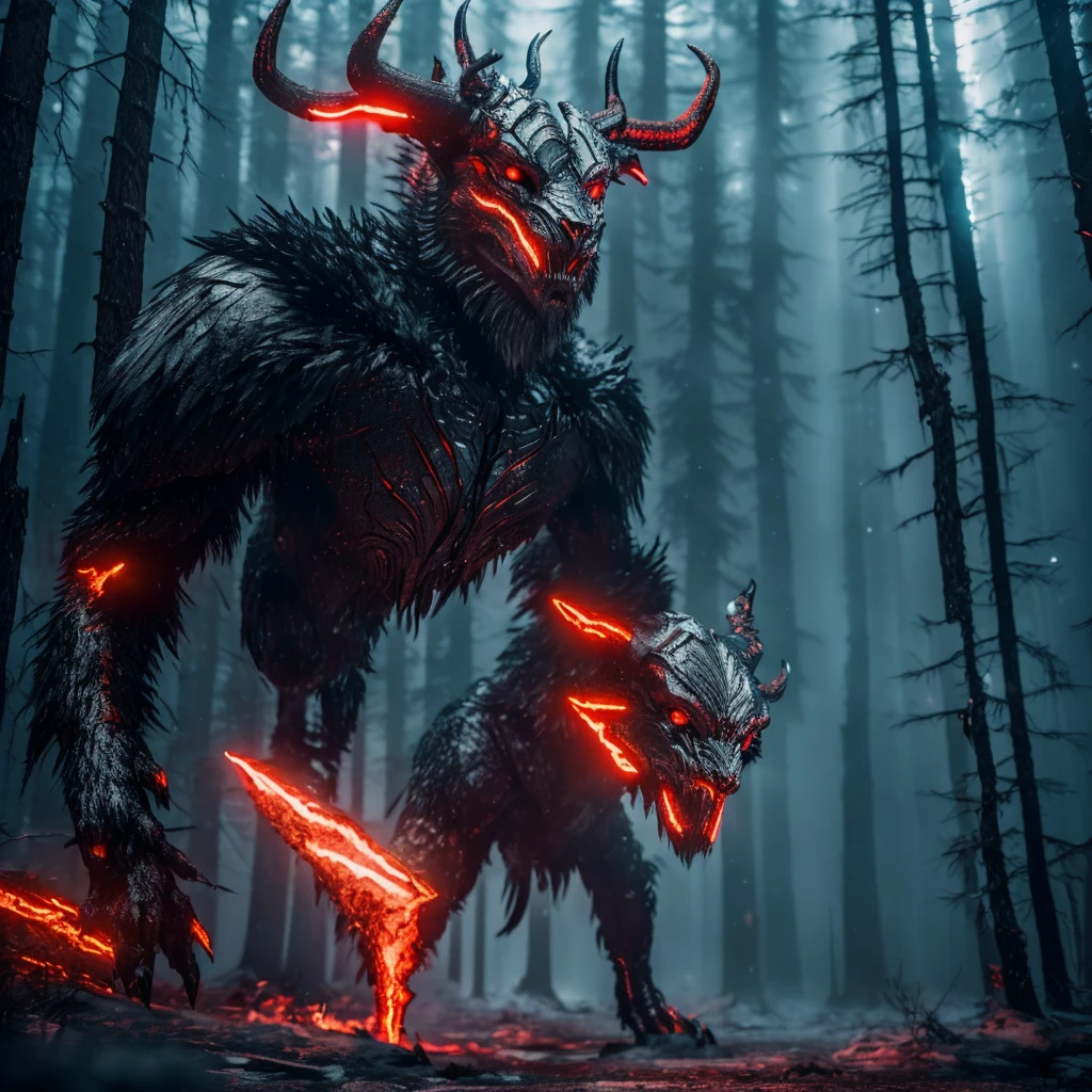 a giant beastly creature, humanoid creature with horns, neon red eyes, icy forest landscape, warrior facing the creature, warrior with a long sword, dark starry sky, (best quality,8k,ultra-detailed,vivid colors,realistic,masterpiece:1.2),dark fantasy,dramatic lighting,cinematic composition,wide angle,wide view,three-headed creature