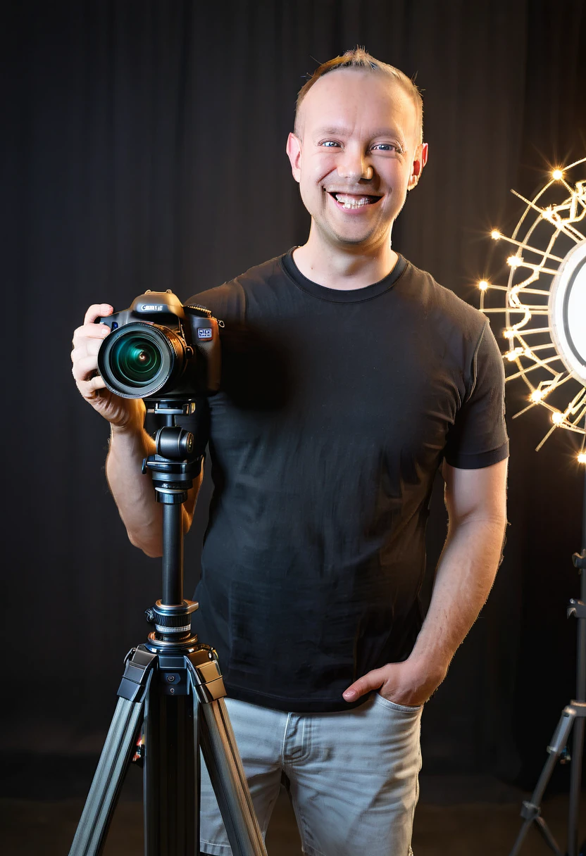 a man (Todder9xl) holding a complicated multiple lense crystal transductor DSLR camera on tripod. photography studio background with lights and softboxes and infinity wall. wearing black shirt. photo quality portrait. Smiling. Ultra sharp 8k soft lighting studio lights (Todder9) aetherpunkai