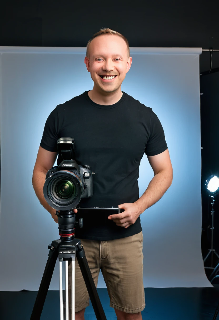 a man (Todder9xl) holding a complicated multiple lense crystal transductor DSLR camera on tripod. photography studio background with lights and softboxes and infinity wall. wearing black shirt. photo quality portrait. Smiling. Ultra sharp 8k soft lighting studio lights (Todder9) aetherpunkai