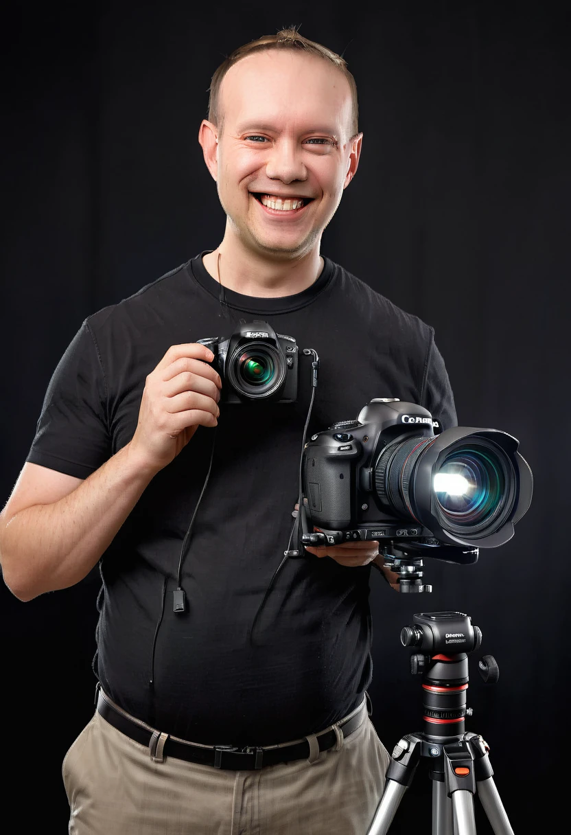 a man (Todder9xl) holding a complicated multiple lense crystal transductor DSLR camera on tripod. photography studio background with lights and softboxes and infinity wall. wearing black shirt. photo quality portrait. Smiling. Ultra sharp 8k soft lighting studio lights (Todder9) aetherpunkai