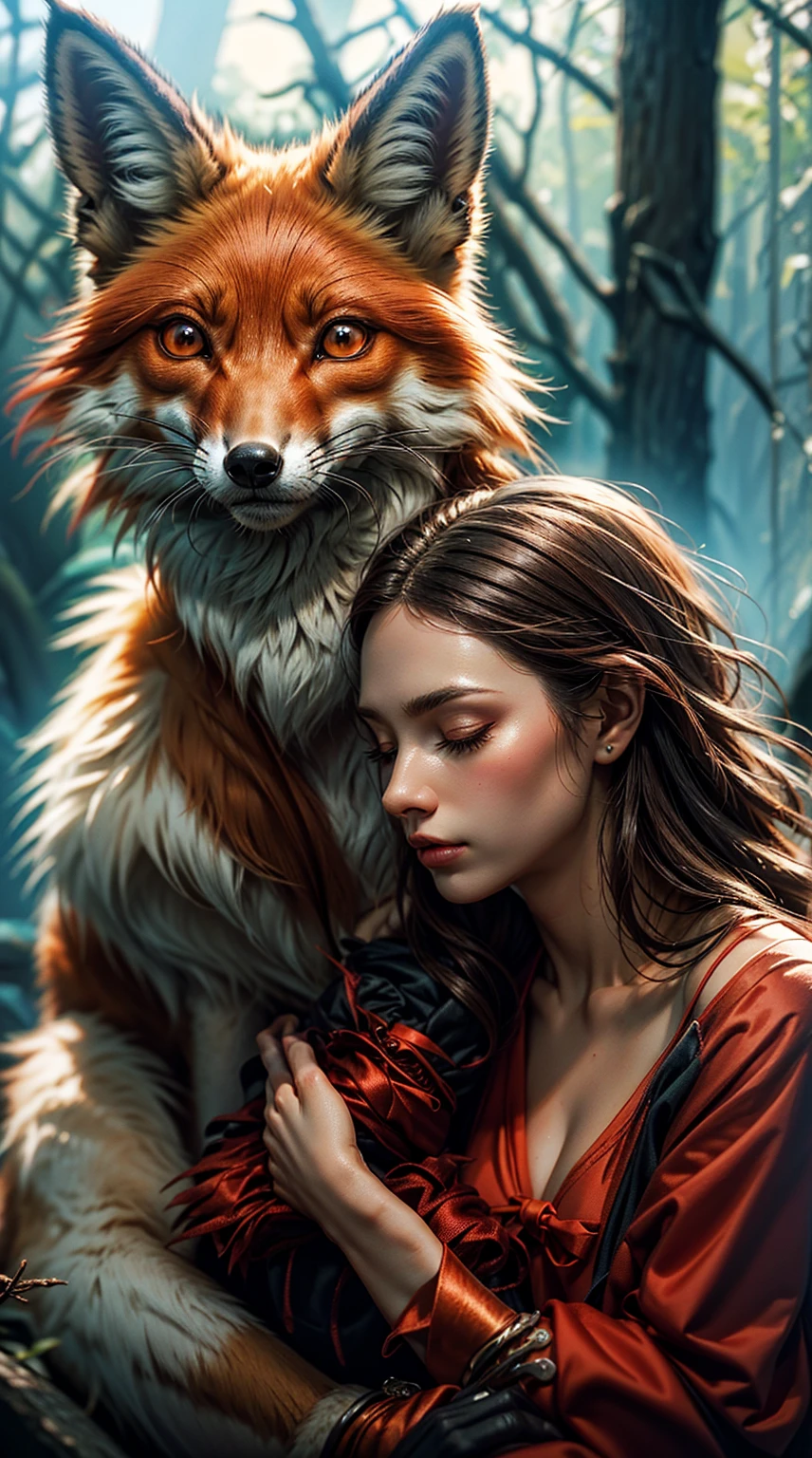 mulher com cabelo longo e vestido branco segurando uma pequena red fox vermelha, uma bela red fox senhora, fantasia red fox amor, Directed by: Adam Marczyński, Retrato de uma red fox antro, soft portrait photo 16k, Directed by: Alexandre Kucharsky, com orelhas de red fox, Realistic rendering, red fox, Portrait photo, wlop and andrei riabovitchev