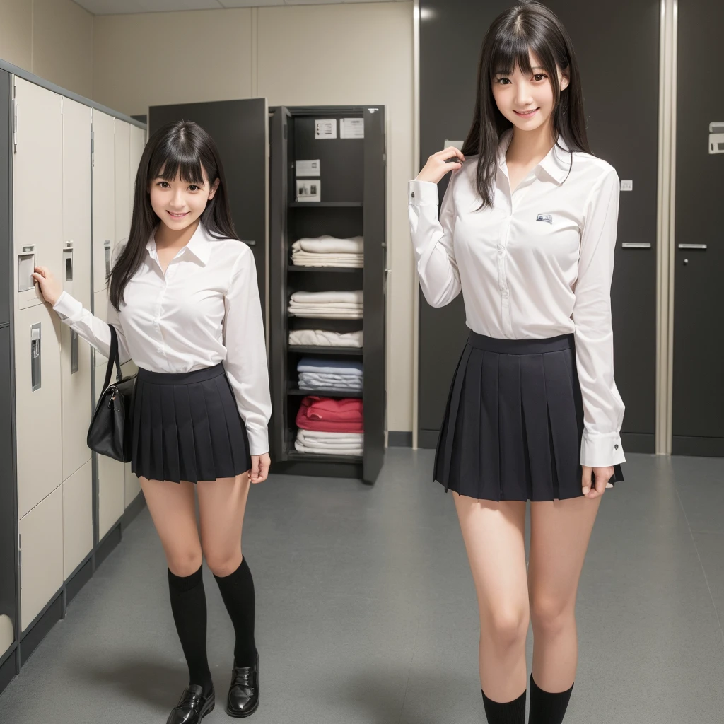 (Highest quality:1.5), (High resolution:1.5), (Real:1.5), Japanese girl, (16 years old), Black Hair, bangs, (Small breasts), School locker room, (blouse), (skirt), Undressing, Changing clothes, Are standing, Conversation with a smile