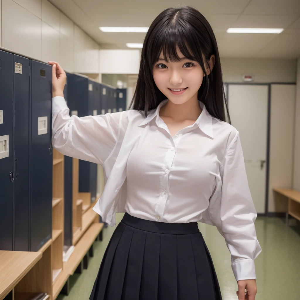 (Highest quality:1.5), (High resolution:1.5), (Real:1.5), Japanese girl, (), Black Hair, bangs, (Small breasts), School locker room, (blouse), (skirt), Undressing, Changing clothes, Are standing, Conversation with a smile