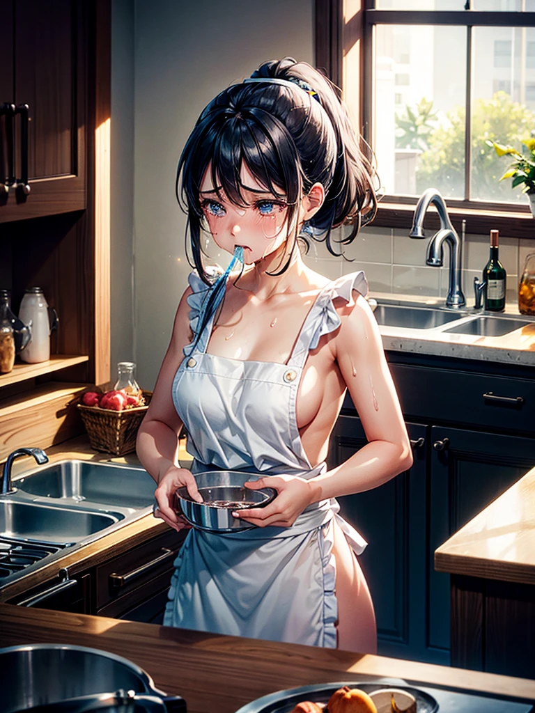 Highest Resolution,Highest quality,A crying beautiful girl in a nude apron drinking water from a plastic bottle,kitchen,Tears,Open your mouth and drool,whole body,front,Sweat profusely,Beautiful eyes,Lots of saliva,Black hair ponytail,