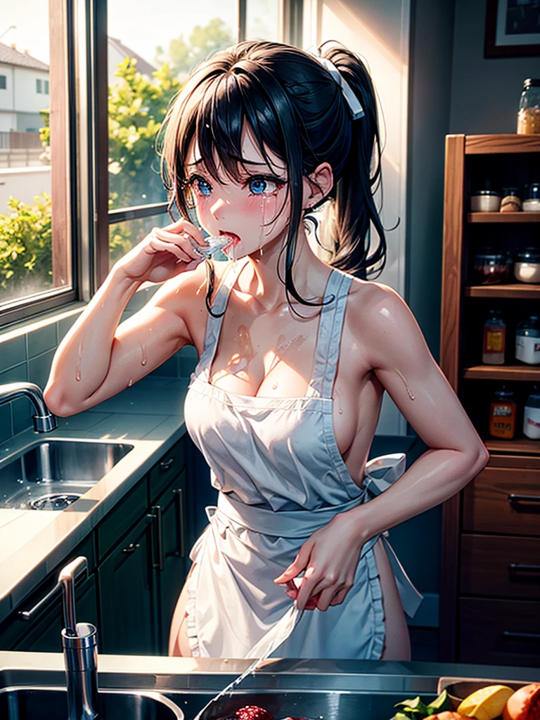 Highest Resolution,Highest quality,A crying beautiful girl in a nude apron drinking water from a plastic bottle,kitchen,Tears,Open your mouth and drool,whole body,front,Sweat profusely,Beautiful eyes,Lots of saliva,Black hair ponytail,