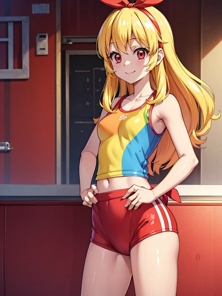 anime cg, highresolution, cute , smile, trainingroom, (RED Ribbon on HAIRband:1.2),Blonde hair, rainbow gradient sports wear, rainbow gradient highleg gymwear, hand on hip