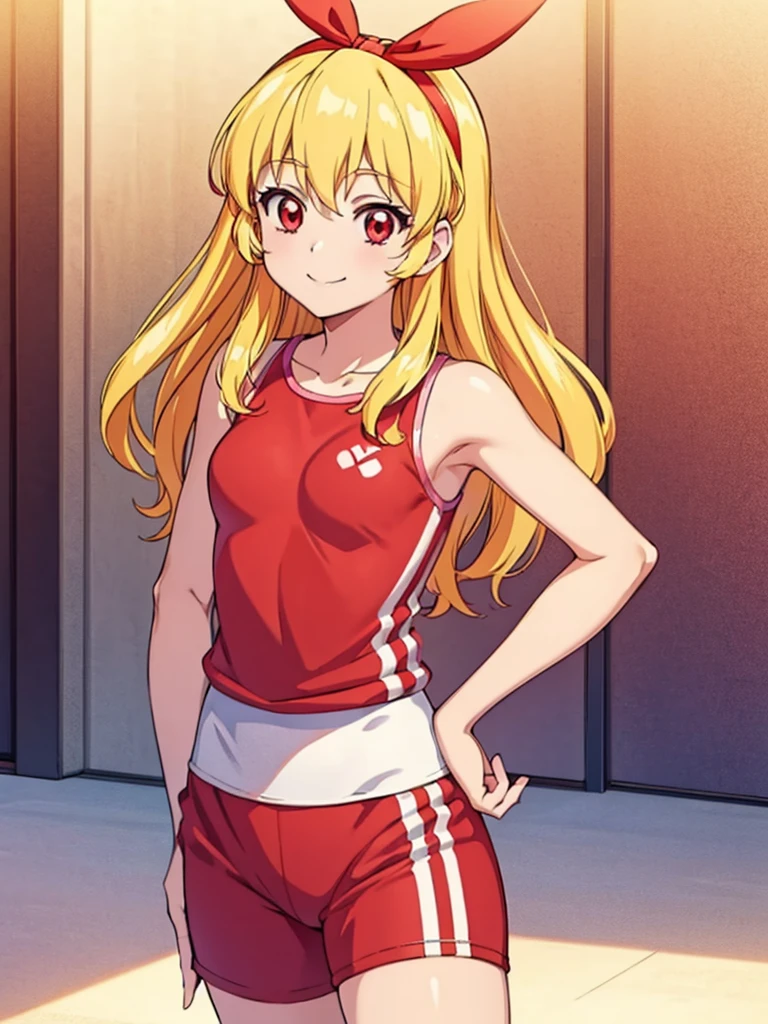 anime cg, highresolution, cute , smile, trainingroom, (RED Ribbon on HAIRband:1.2),Blonde hair, rainbow gradient sports wear, rainbow gradient highleg gymwear, hand on hip